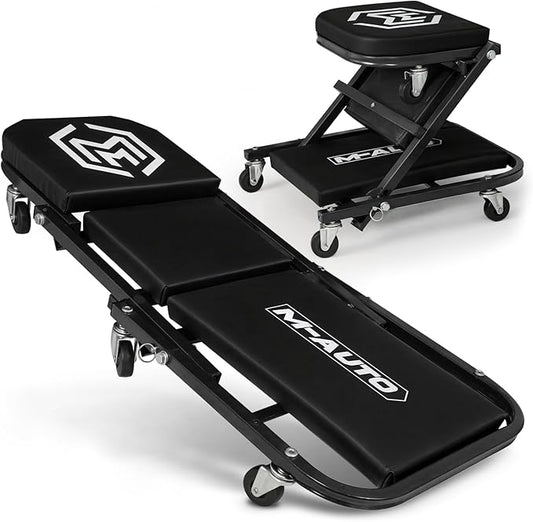 M-AUTO 40-Inch Folding Creeper Rolling Seat, All-in-One Adjustable Roller Garage Chair, Lay Down or Sit, 330LBS Capacity Under Car Roller Creeper with 6 Swivel Casters, Black