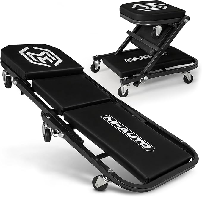 M-AUTO Foldable Z Creeper 2-in-1 Rolling Folding Car Creeper & Seat, 36" Adjustable Roller Garage Chair Lay Down or Sit, 330LBS Capacity Under Car Roller Creeper with 6 Swivel Casters, Black