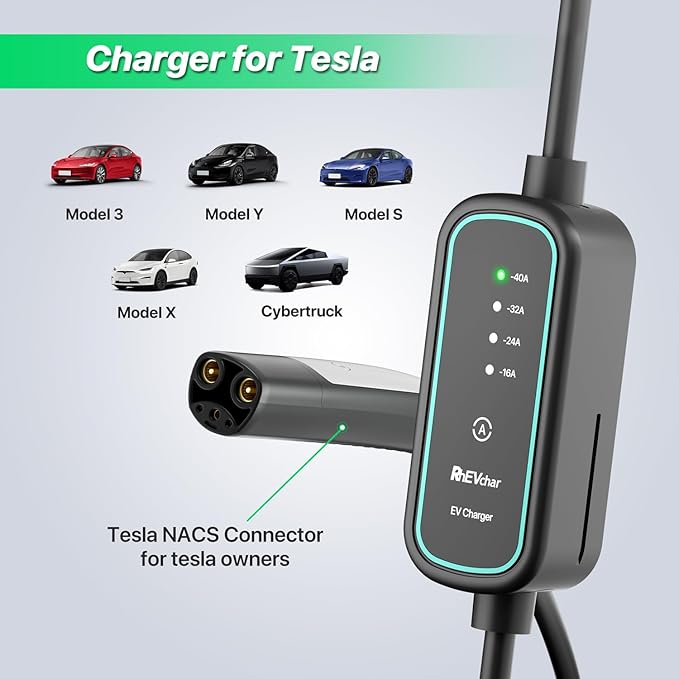 40A Tesla Level 2 NACS Connector EV Charger 9.6KW Fast Electric Vehicle Charging Stations for Home with 240V NEMA 14-50 Plug, 25FT Cable, Travel Bag, Wireless Port Opener