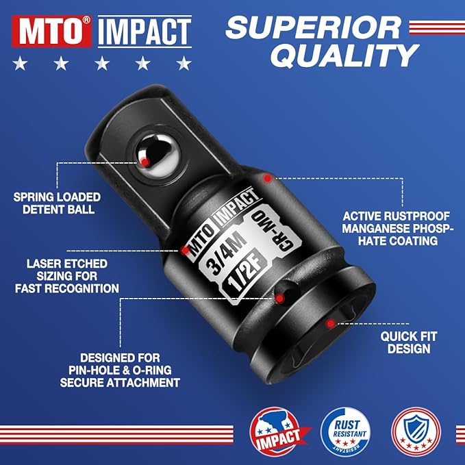 MTO 1/2" Female to 3/4" Male Impact Socket Adapter, 1/2-Inch Impact Socket Adapter, Chrome Molybdenum Alloy Steel