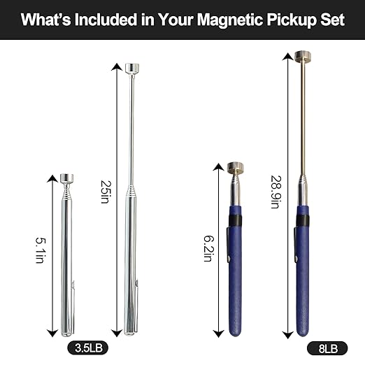 2-Pack Magnetic Pickup Tools 8 & 3.5 LB Retrieving Telescoping Retrievers, Ideal for Mechanics, DIY, Car, Workshop, Home Use
