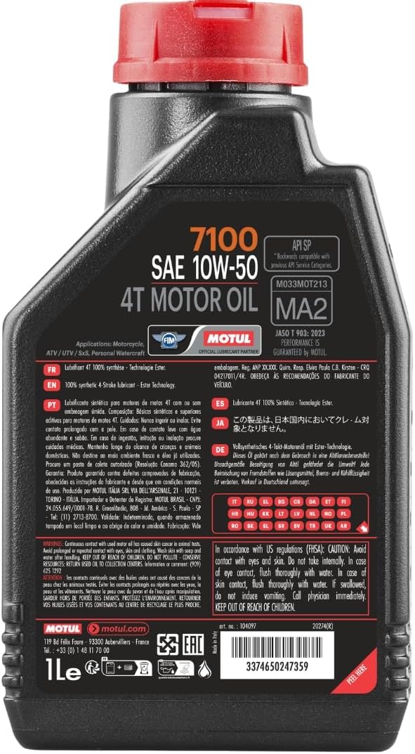 Motul 7100 10W-50 Full Synthetic Motorcycle Oil Engine Motor Lubricant 1 Liter 104097 4-Stroke JASO MA2 Road Street Off-road Adventure