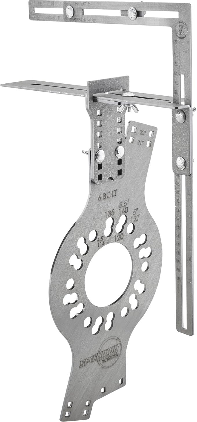 Speedway Motors WheelWise™ 6-Lug Wheel Fitment Tool with Tire Size Attachment, Simulates 14-22 Inch Rim Diameter, 8-14 Inch Tire Width, 2.5-11.5 Inch Sidewall, Laser Cut Steel