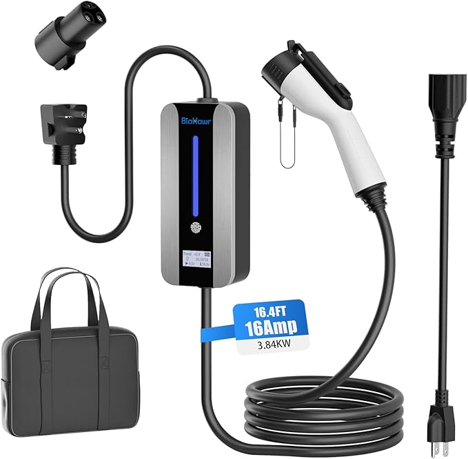Level 1&2 Electric Vehicle Charger for Tesla and SAE-J1772 EVs, 16Amp, 110V-240V, NEMA 6-20 & NEMA 5-15 Plug, 16.4ft Charging Cable, SAE-J1772 Adapter and J1772 to Tesla Adapter