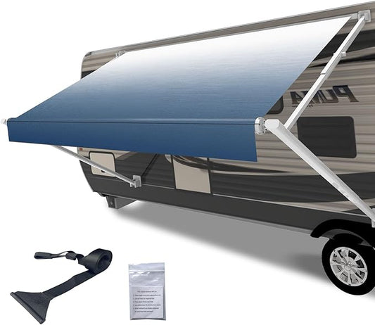 RV Awning Fabric Replacement,Camper Trailer Motorized Awning Replacement for Motorhome,Heavy Duty Weatherproof 18.5oz Outdoor Vinyl RV Canopy 12'(Fabric 11'2") Blue Fade