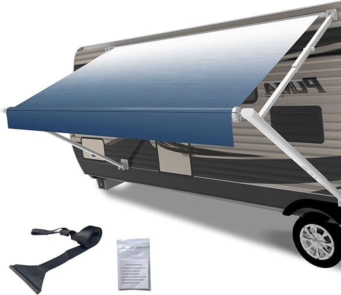 RV Awning Fabric Replacement,Camper Trailer Motorized Awning Replacement for Motorhome,Heavy Duty Weatherproof 18.5oz Outdoor Vinyl RV Canopy 20'(Fabric 19'2") Blue Fade