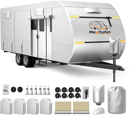 600D Oxford Fabric RV Cover 16-18ft Travel Trailer Cover, Multi-Layer Breathable Rip-Stop Camper Cover with Water-Resistant Coating, Repair Kit, Gutter Protection, Tire Straps