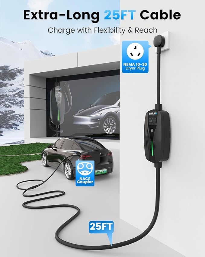 NEMA 10-30 Level 2 Tesla Charger-24A 240V, 25FT Extension Cable, Adjustable Current(10-24A)-Portable Home Mobile EV Charger for Model Y/X/3/S/Cybertruck,NACS Connector for 3-Prong Dryer Outlet
