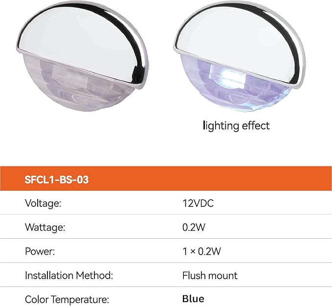 SEAFLO 04 Series LED Oblong Courtesy Light – Blue, 12V, 0.2W, IP67, Flush Mount, Accent Step/Deck Light for Boats RVs Caravans Trailers, Durable PC Housing, 1.78” x 1.25” x 0.81”, 4-Year Warranty