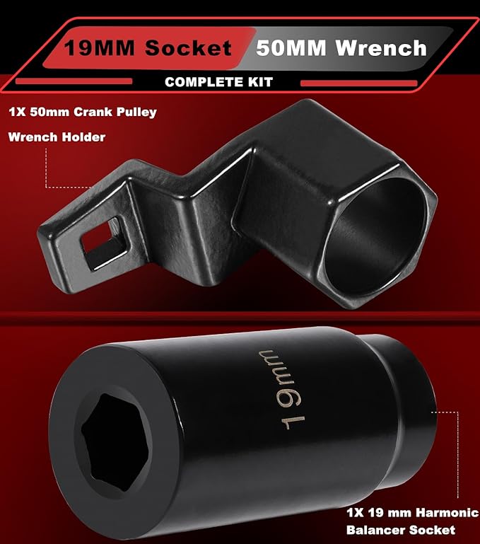 19 mm Harmonic Balancer Socket & 50mm Crankshaft Crank Pulley Wrench Holder Tool Compatible with Honda and Acura Engines | 77080 19mm Crank Bolt Socket | 2 Pack