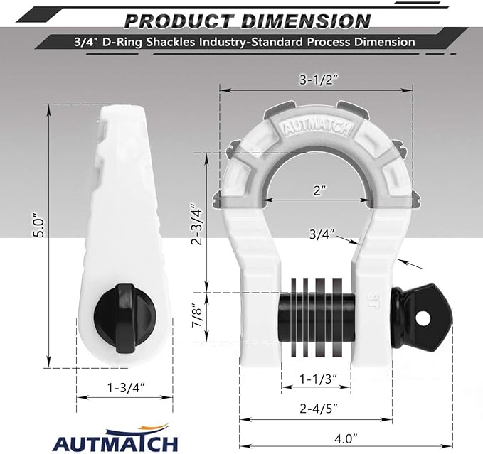 AUTMATCH D Ring Shackles 3/4" Mega Shackle (2 Pack) 68,000Ibs Break Strength - Heavy Duty Clevis Shackles with 7/8" Screw Pin and Isolator Washer for Tow Strap Winch Off Road Vehicle Recovery, White