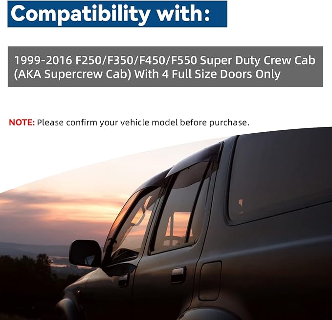 Set of 4 Front+Rear Smoke Sun/Rain Guard Wind Deflector Outside Mount Tape-On Acrylic Window Visors Compatible With 99-16 F250/F350/F450/F550 Super Duty Supercrew/Crew Cab With 4 Full Size Doors