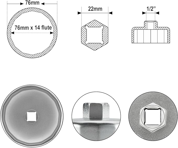 Jetech Oil Filter Cap Wrench with 76mm 14 Flute, Precision Machined Oil Filter Cap Remover Tool, Cartridge Type Oil Filter Socket Tool