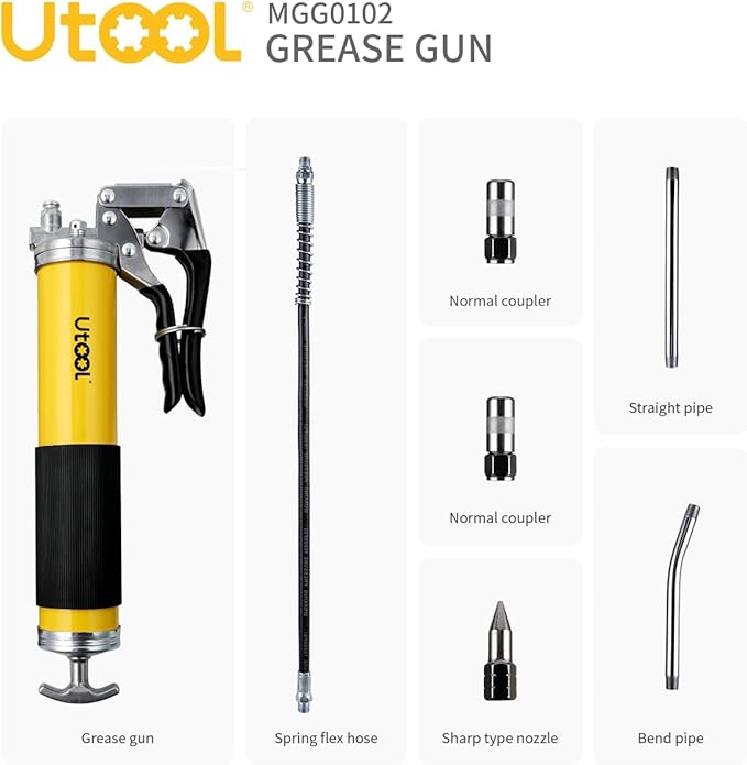 UTOOL Grease Gun, 8000 PSI Heavy Duty Pistol Grip Grease Gun Kit with 14 oz Capacity, 18 Inch Resin Flex Hose, 2 Basic Coupler, 2 Extension Rigid Pipe and 1 Sharp Type Nozzle, Argent Matte Finish