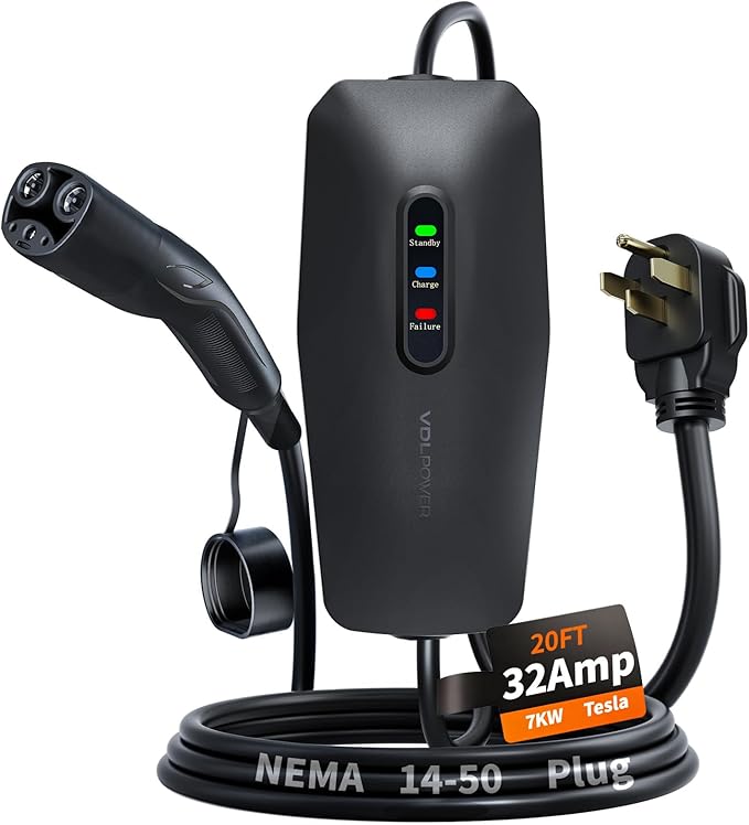 Level 2 EV Charger for Tesla 32Amp, 7KW Electric Vehicle Portable Charger with 20FT Cable, Home EV Charging Station for Tesla Models Y/X/3/S, 240V NEMA 14-50 Plug