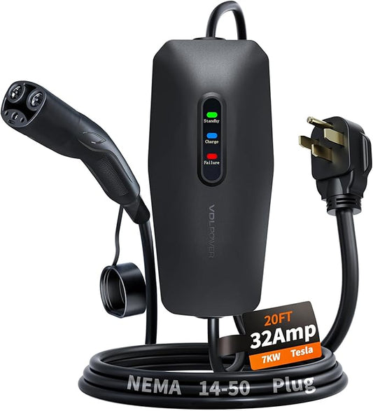 Level 2 EV Charger for Tesla 32Amp, 7KW Electric Vehicle Portable Charger with 20FT Cable, Home EV Charging Station for Tesla Models Y/X/3/S, 240V NEMA 14-50 Plug