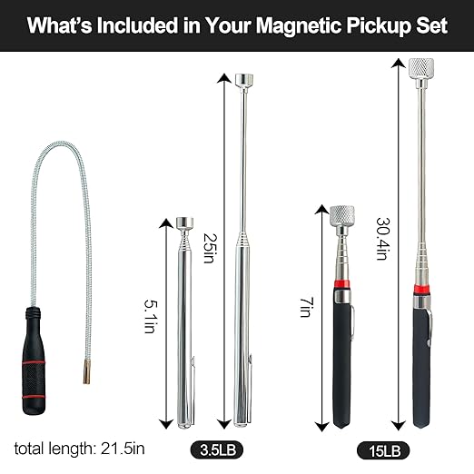 3-Pack Magnetic Pickup Tools 15 & 3.5 LB Retrieving Telescoping Retrievers and Bendable Spring Magnet Stick Ideal for Mechanics, DIY, Car, Workshop, Home Use