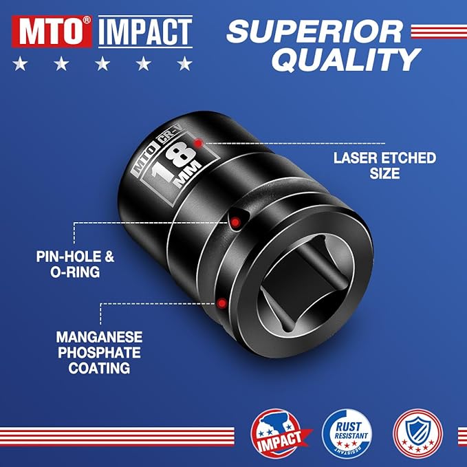 MTO 1/2" Drive 18mm Shallow Impact Socket, 6-Point Metric Socket for Automotive Maintaince, CR-V Steel Meets ANSI Standards