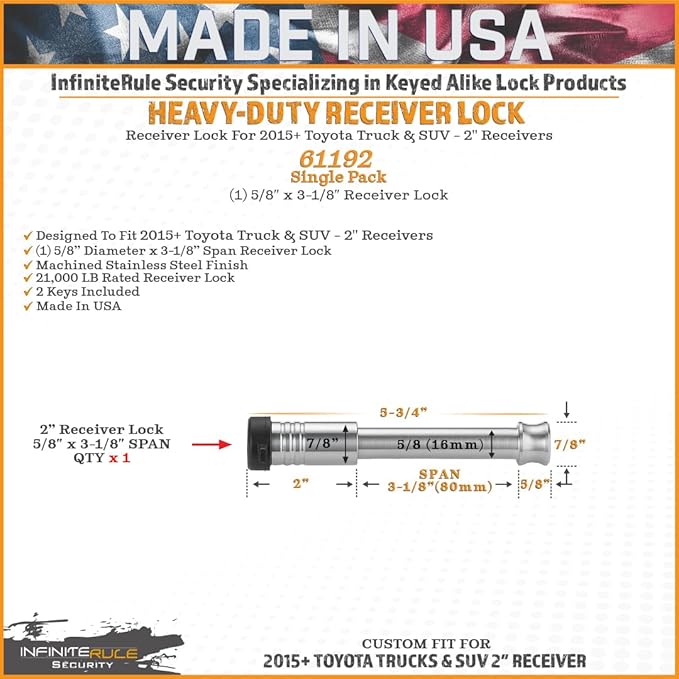 61192 | Single Pack, 2" Receiver Lock for 2015+ Toyota Tacoma, Tundra, & SUV