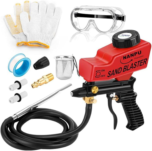 NANPU Light-Duty Air Sandblaster Gun Kit with Siphon & Gravity Feed, Ceramic Nozzle, Metal Body, for Small Project Surface Prep, Paint & Rust Removal, Metal/Wood/Glass Etching，Requires Air Compressor