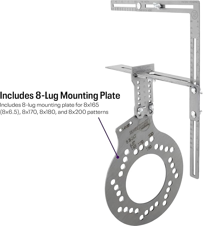 Speedway Motors WheelWise™ 8-Lug Wheel Fitment Tool with Tire Size Attachment, Simulates 14-22 Inch Rim Diameter, 8-14 Inch Tire Width, 2.5-11.5 Inch Sidewall, Laser Cut Steel