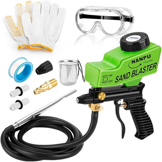 NANPU Light-Duty Air Sandblaster Gun Kit with Siphon & Gravity Feed, Ceramic Nozzle, Metal Body, for Small Project Surface Prep, Paint & Rust Removal, Metal/Wood/Glass Etching, Requires Air Compressor