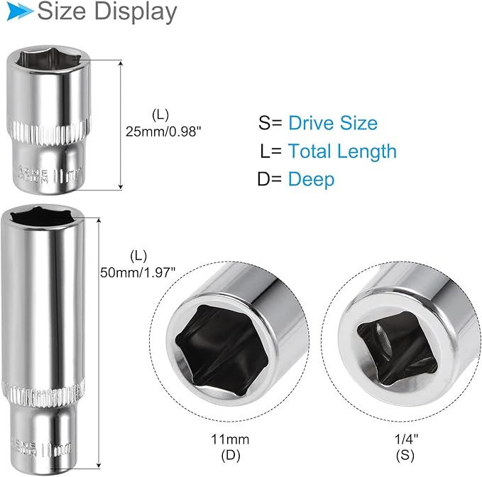 6-Point Socket, 1/4" Drive 11mm Deep, Polished Chromed CR-V Metric Deep and Shallow Impact Socket - (Applications: for Ratchet Torque Electric Wrenches Car Repair), 2-Pieces