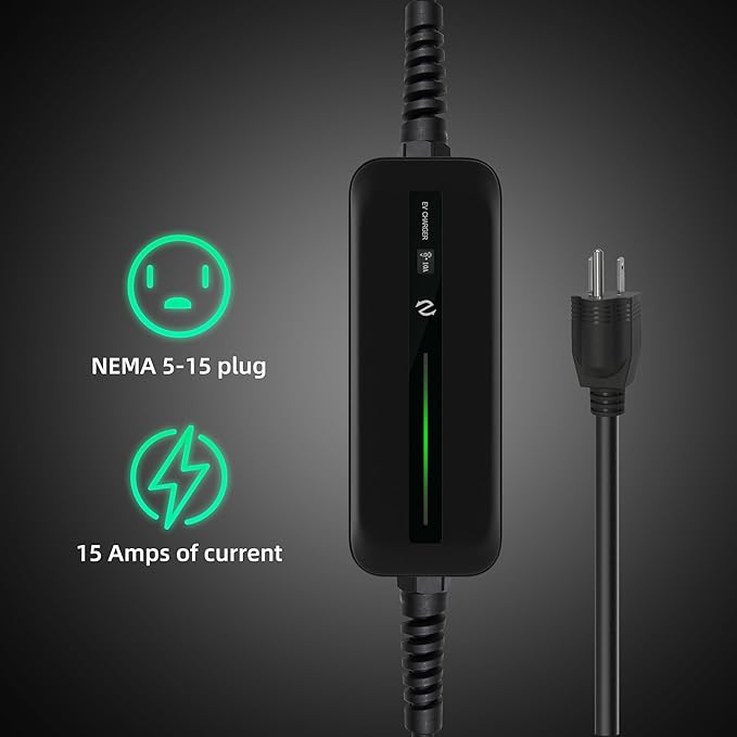Level 1 EV Charger, Portable EV Charger with 25ft Extension Cable, Nema 5-15 Plug 110V 15A, for SAE J1772 EVS and PHEVS