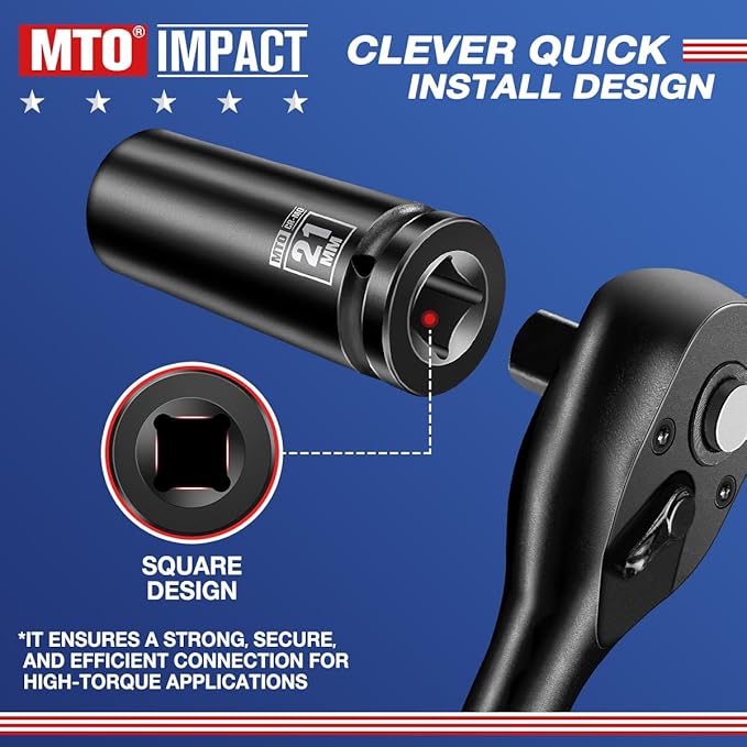 MTO 1/2" Drive 21mm Deep Impact Socket, 6 Pt. Metric Socket, CR-MO Steel & Anti-Corrosion Coating for Heavy-Duty Use