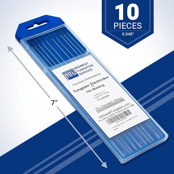 Midwest Tungsten Service TIG Welding Tungsten Electrodes 10-Pack (Grey - 2% Ceriated Tungsten (WC20/EWCe-2), 0.040")