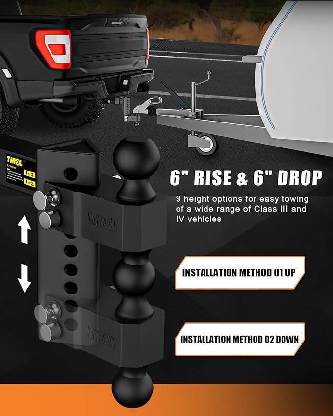 TIROL Adjustable Trailer Hitch - Fits 2'' Receiver 6 Drop/Rise for Truck Hitch, 2'' & 2-5/16'' Ball Hitch, 22000 LBS GTW - Heavy Duty Tow Hitch with Two Anti-Theft Locking Hitch Pins