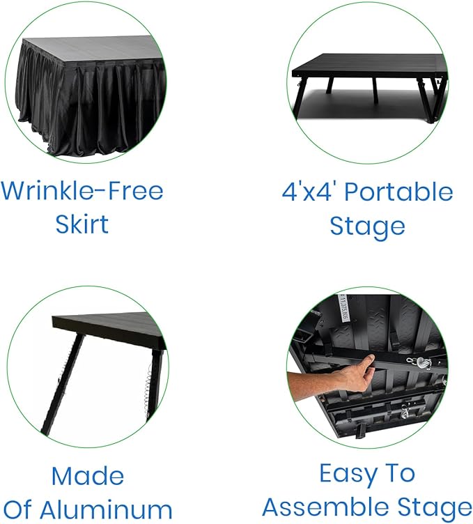 12x28' Portable Stage with 21 Stages, 11 Railings & 8 Skirts - Versatile Platform Modular System - DJ, Drum, Camera Stage Riser - Easy to Carry & Transport