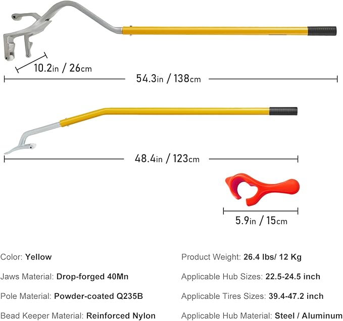 VEVOR Steel Tire Mount Demount Tool 22.5" to 24.5" Semi Tire Changing Tool with Extra Bead Holder, Tubeless Truck Bead Breaker Manual Tire Changing Tools for Car Repairing (Yellow)