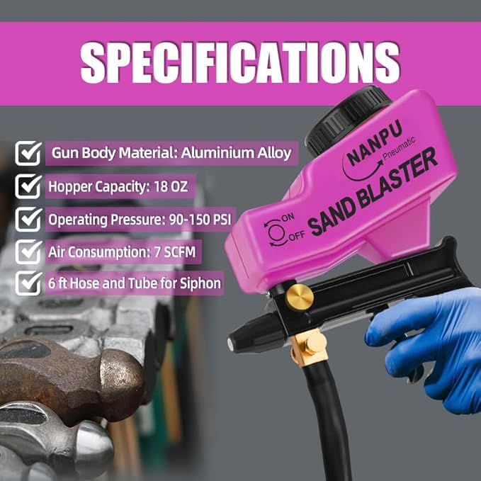 NANPU Light-Duty Air Sandblaster Gun Kit with Siphon & Gravity Feed, Ceramic Nozzle, Metal Body, for Small Project Surface Prep, Paint & Rust Removal, Metal/Wood/Glass Etching, Requires Air Compressor