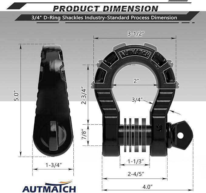 AUTMATCH D Ring Shackles 3/4" Mega Shackle (2 Pack) 68,000Ibs Break Strength - Heavy Duty Clevis Shackles with 7/8" Screw Pin and Isolator Washer for Tow Strap Winch Off Road Vehicle Recovery, Black