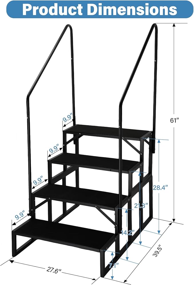 RV Steps with Dual Handrails, 4 Step Spa Hot Tub Steps with Anti-Slip Pedals, 400lbs Load Capacity, Universal Portable Mobile Home Stairs Steps for 5th Wheel RV, Spa, Porch, Pool, Travel Trailers