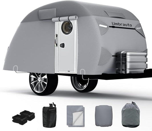 Umbrauto Teardrop Travel Trailer Cover - 8'-10' Fits R-Pod & Clamshell Trailers, 7 Layers Top Heavy Duty Waterproof Camper Cover with Windproof Strap