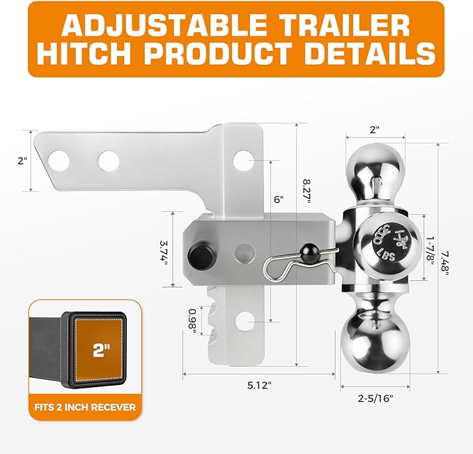 Kingfun Adjustable Trailer Hitch - Fits 2 Inch Receiver, Tri-Ball (1-7/8" X 2" X 2-5/16") 6-Inch Rise/Drop Hitch, 12500 Lbs Gtw Heavy Duty Aluminum Truck Tow Hitch with Anti-Theft Pin (Silver)