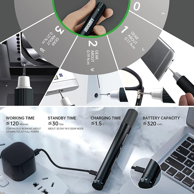 JAKEMY Cordless Electric Screwdriver,Upgraded 3 Gear Adjustable Torque Screwdriver kit Magnetic Precision Power with LED light USB Rechargeable Portable Laptop Repair Tool Kit, (JM-E21B)