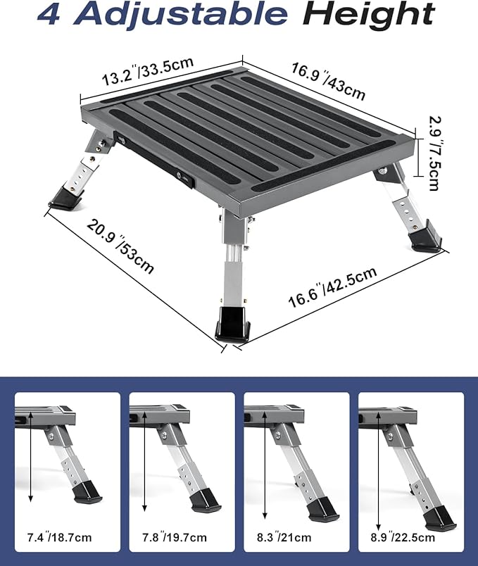 XINQIAO Foldable RV Step Stool with Rubber Feet, 4 Adjustable Heights Portable Heavy Duty Aluminum Folding Step for RV Entry, Trailer, Camper, Fishing and Outdoors