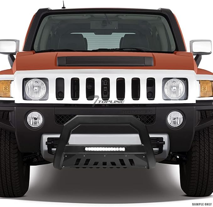 Matte Black AVT Style Aluminum LED Light Bull Bar Brush Push Front Bumper Grill Grille Guard with Skid Plate Compatible with 07-09 Jeep Wrangler JK