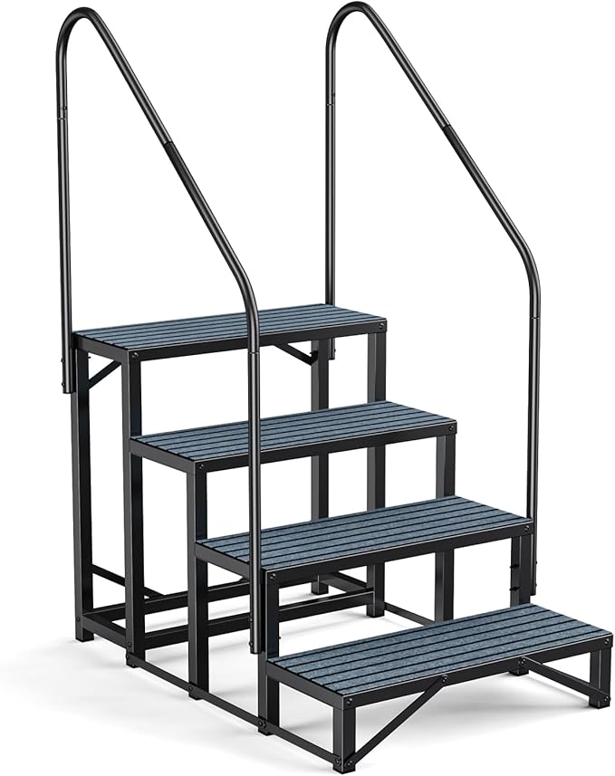 RV Steps Spa Steps with Handrail -4 Step Hot Tub Steps Trailer Steps Mobile Home Stairs for 5th Wheel RV, Trailer, Hot Tub, Pool, Porch with Non-Slip Mats