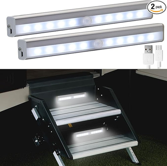 Motion Activated RV Step Lights, 10 LED USB Rechargeable RV Motion Sensor Led Light Strip, Wireless Magnetic Camper Step Lights Bar for Motorhome Travel,Travel Trailers, Camper (2 Pack)