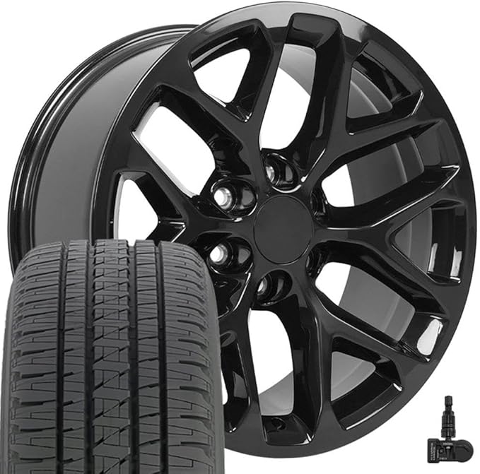 OE WHEELS CV98 20x9 Snowflake Wheels - Gloss Black Rims 20 Inch Set of 4, 6x139.7 Wheels - TPMS & 275/55R20 Tires and Rims Packages – Fits Silverado 1500 & GM Full Size SUVs (Dueler Alenza H/L Plus)