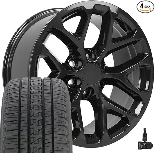 OE WHEELS CV98 20x9 Snowflake Wheels - Gloss Black Rims 20 Inch Set of 4, 6x139.7 Wheels - TPMS & 275/55R20 Tires and Rims Packages – Fits Silverado 1500 & GM Full Size SUVs (Dueler Alenza H/L Plus)