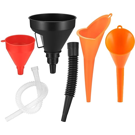 4 Pcs Automotive Funnels Set, Wide Mouth Fuel Funnel, Plastic Long Neck Oil Funnel, Flexible Right Angle Funnels, with Detachable Spout and Filter for Water/Gasoline/Coolant/Engine Oil
