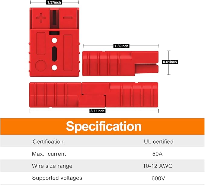 50A Connector Quick Connect Disconnect Genderless Battery Plug Connector 10-12 AWG for 4 Pack Red Suitable for Car Trailer Motor