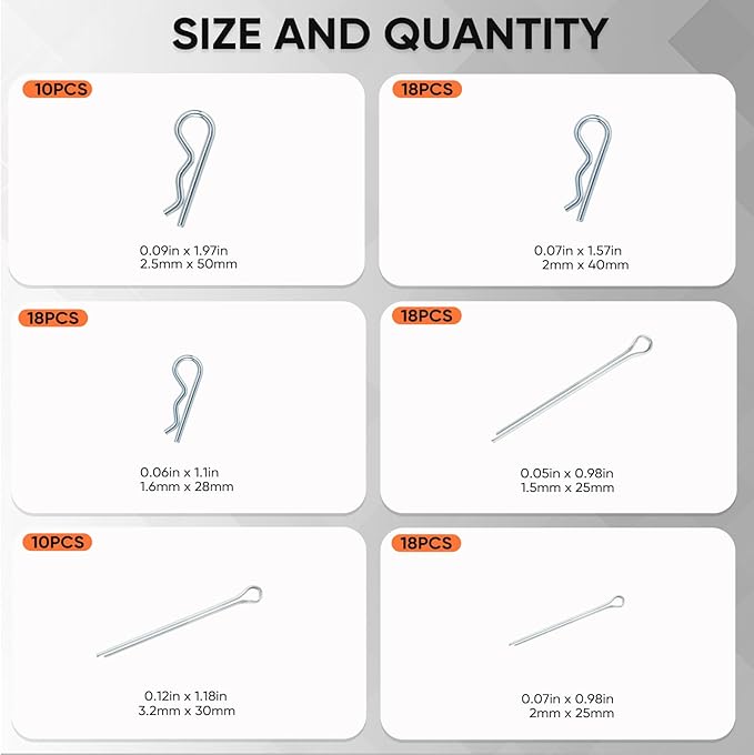 132Pcs Hitch Pin,15 Sizes Hardware Cotter Pins Clip Assortment Kit - 304 Stainless Steel R Hairpin Cotter Fastener Clip Suitable for Truck and Engine Maintenance, Hanging Needle Lock System