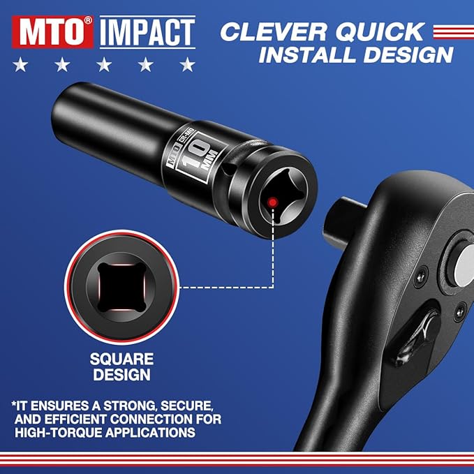 MTO 1/2" Drive 10mm Deep Impact Socket, 6 Pt. Metric Socket, CR-MO Steel & Anti-Corrosion Coating for Heavy-Duty Use
