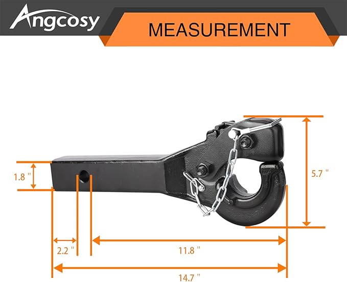 10-Ton Pintle Hook Trailer Hitches Receiver Hook for 2” Hitches Hitch Hook Military Receiver, 20000 lbs, 15” Length